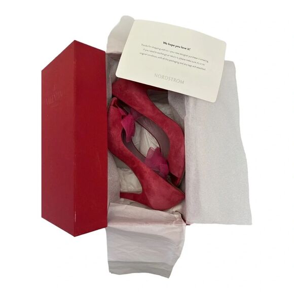 {RED} VALENTINO Pink Suede Open Toe Heels Pumps with Sheer Bow - Picture 9 of 10
